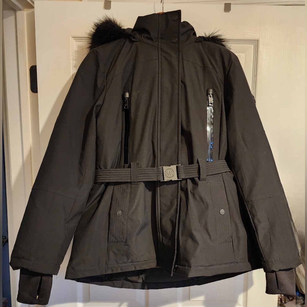 Michael Kors Women's Faux Fur Trim Ciré Belted Puffer Jacket/Parka, Black Size L